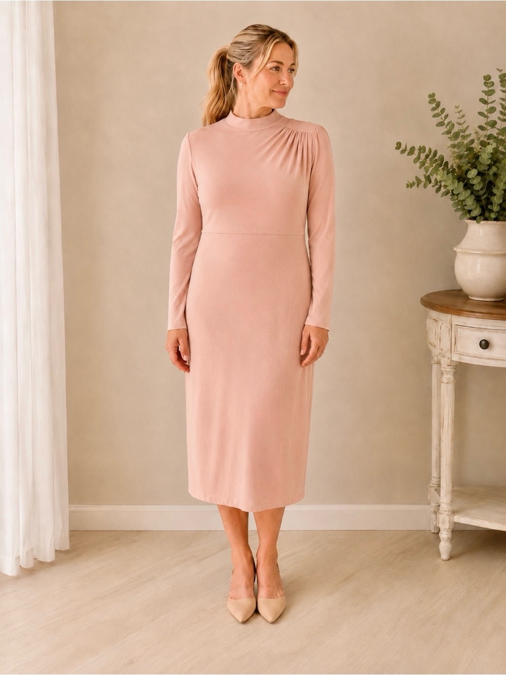 NWT Express Blush Pink Mock Neck Pleated Shoulder Midi Dress XL